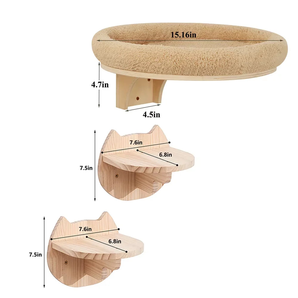 Cat Wall Mounted Solid Pine Wood Climbing Ladder With Hammock And Scratching Post