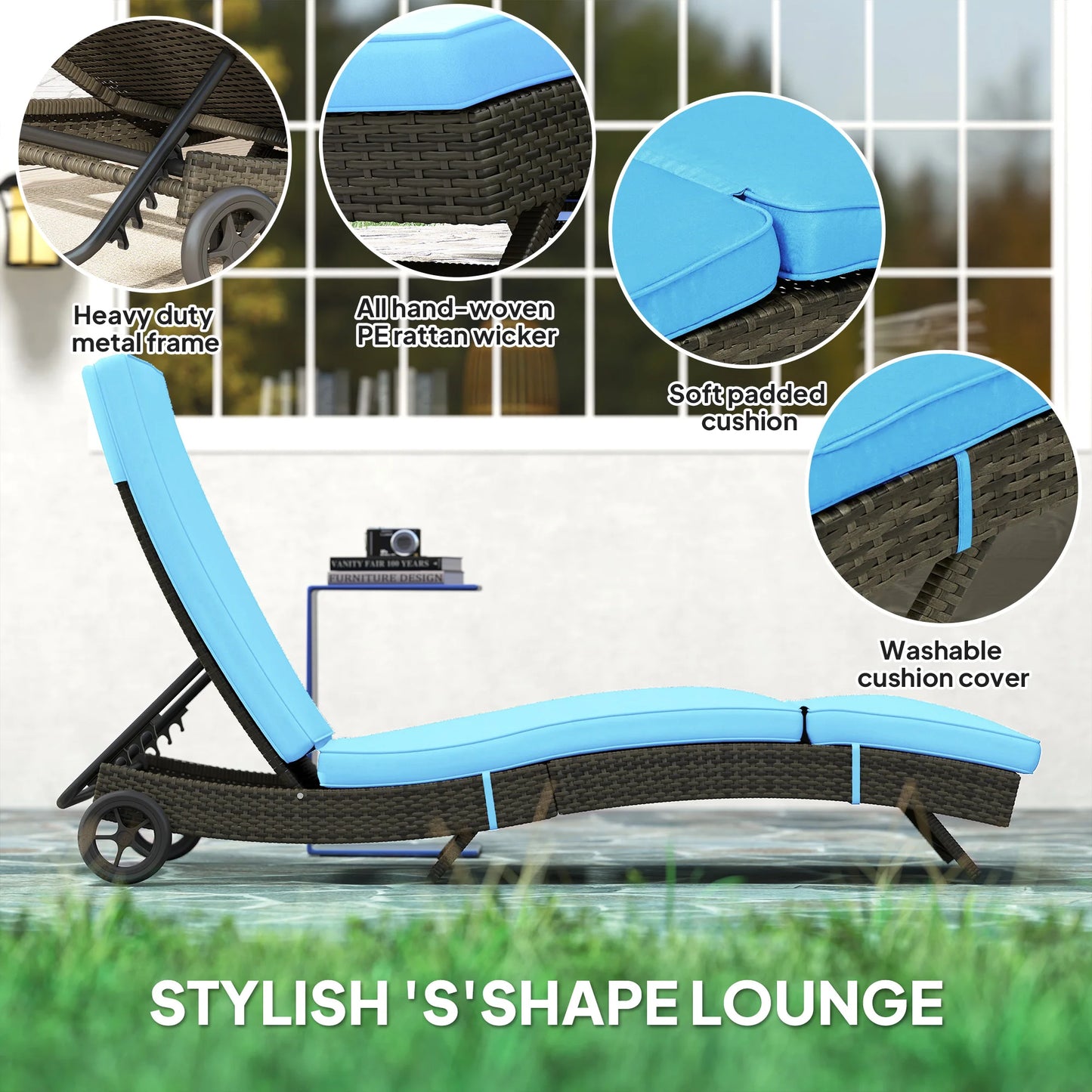 Outsunny Outdoor Reclining Lounge Chair On Wheels PE Wicker