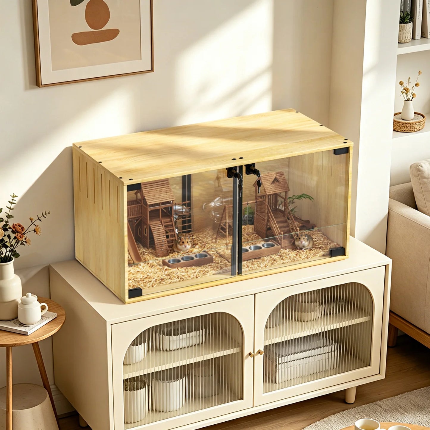 Wooden Small Animal Cage With Removable Divider And Tempered Glass Panels