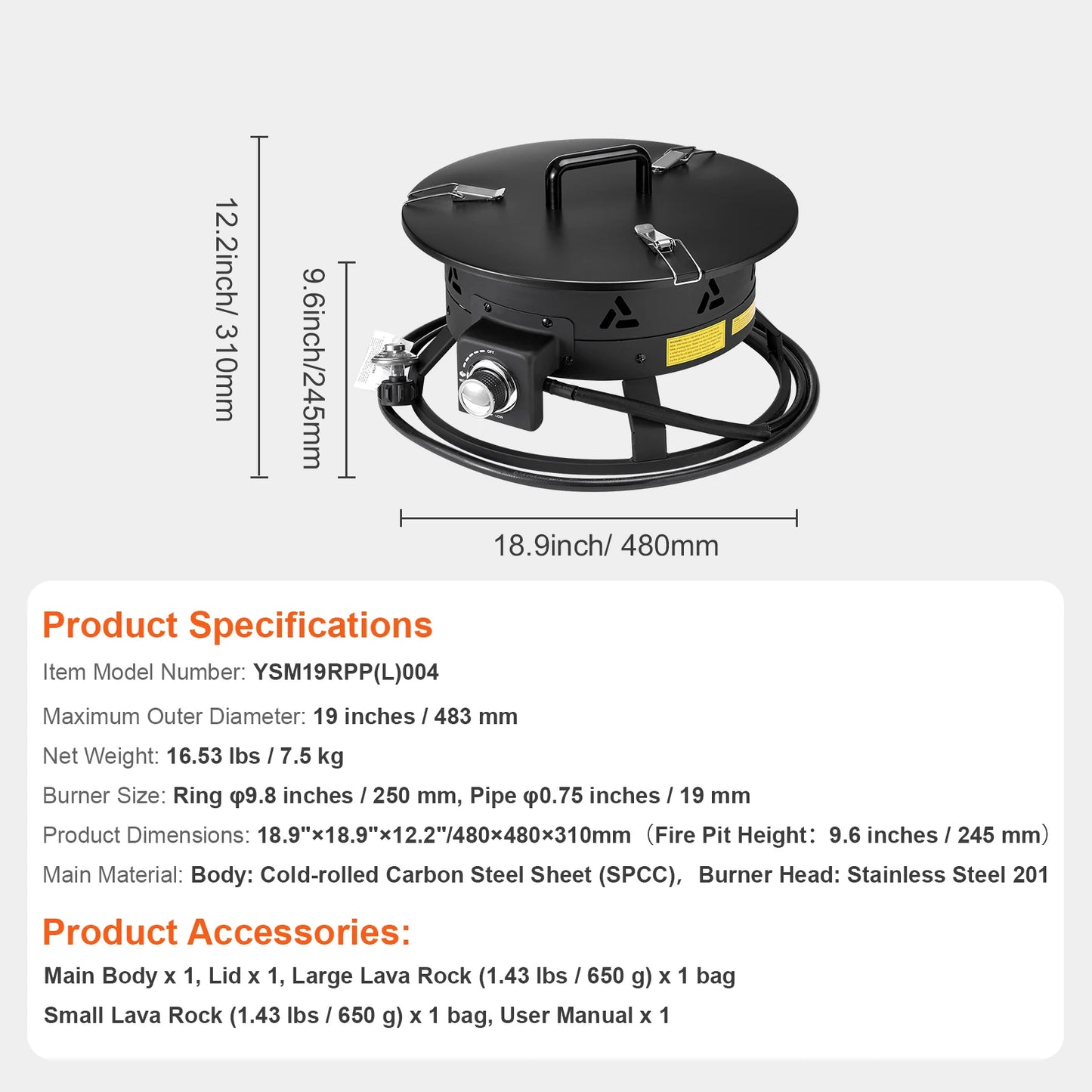 SucceBuy 19-Inch Propane Fire Pit With Cover And Lava Rocks Adjustable Flame
