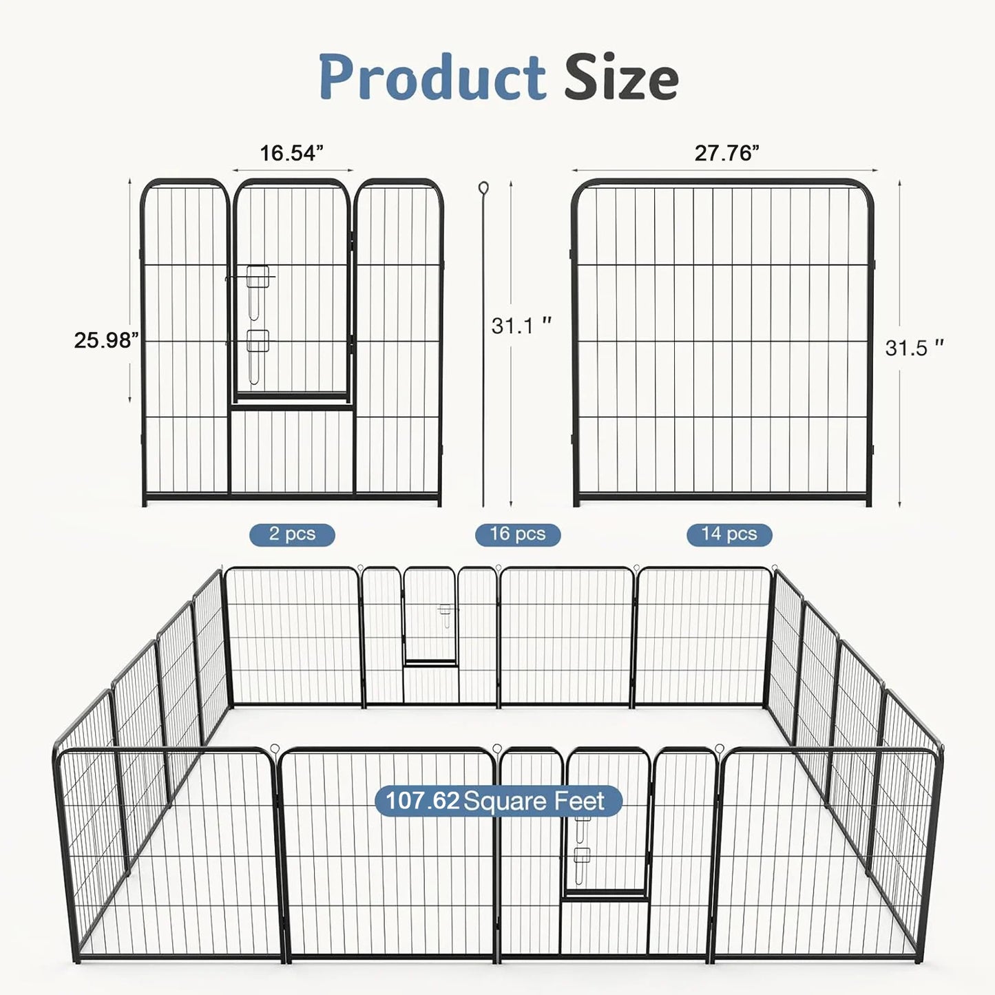 JHK 16-Panel Folding Dog Playpen Metal Pet Fence For Indoor Outdoor