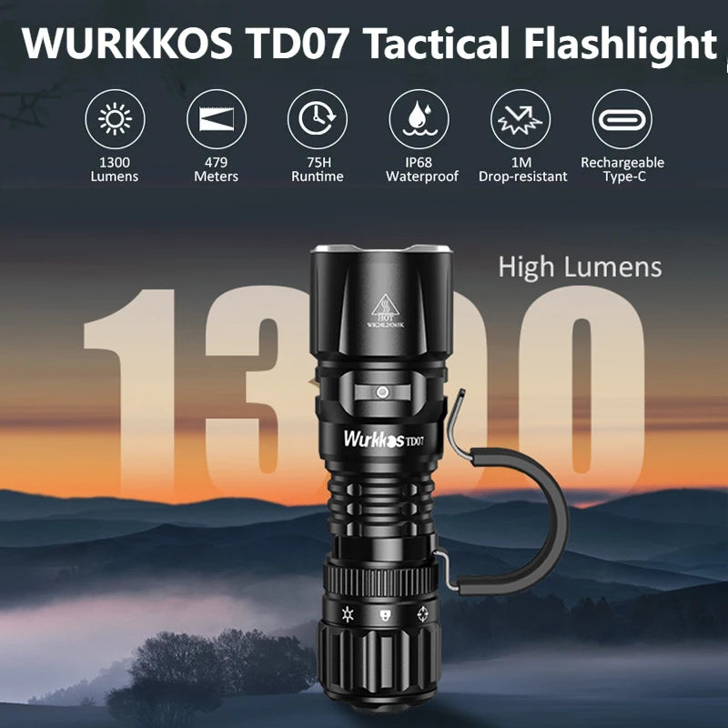 Wurkkos TD07 Tactical Flashlight 1300 Lumens Long Range Beam