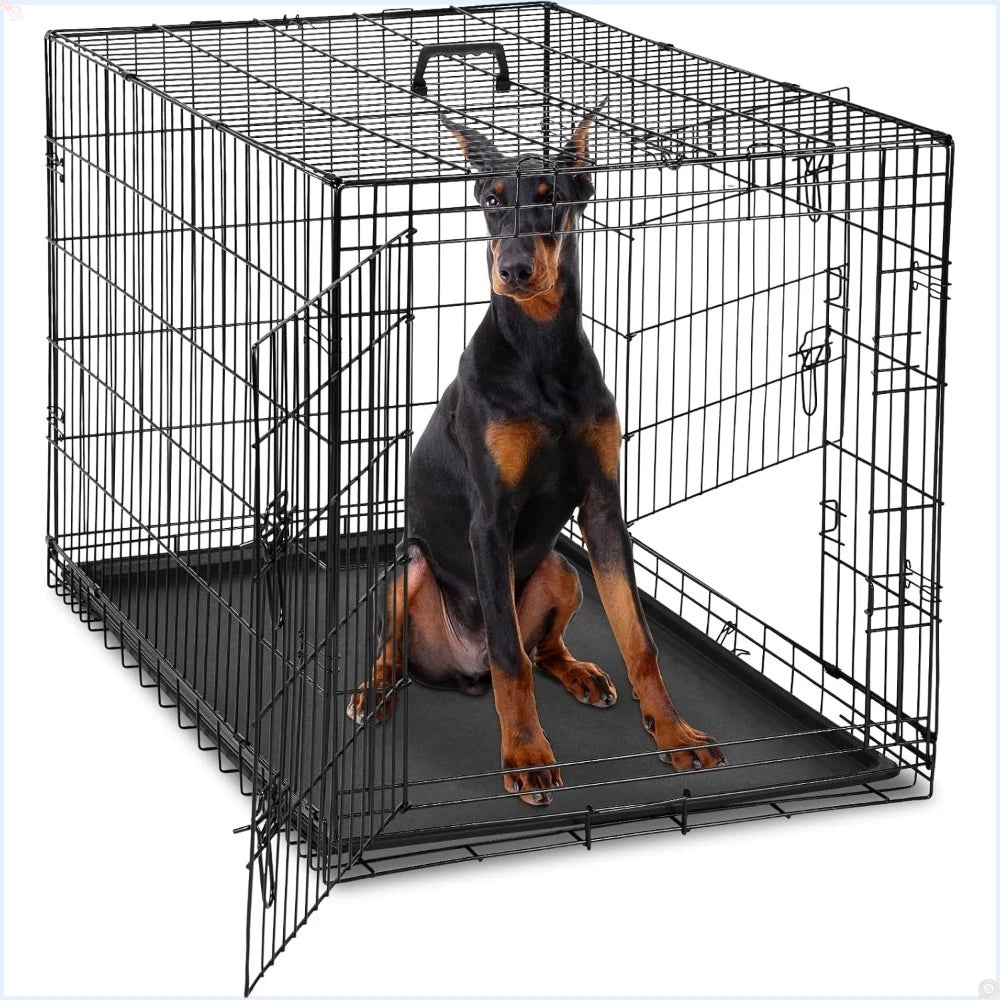 Dog Crate Double Door Metal Wire Foldable Cage With Leak-Proof Pan Tray