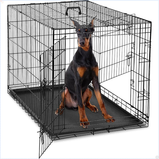 Dog Crate Double Door Metal Wire Foldable Cage With Leak-Proof Pan Tray