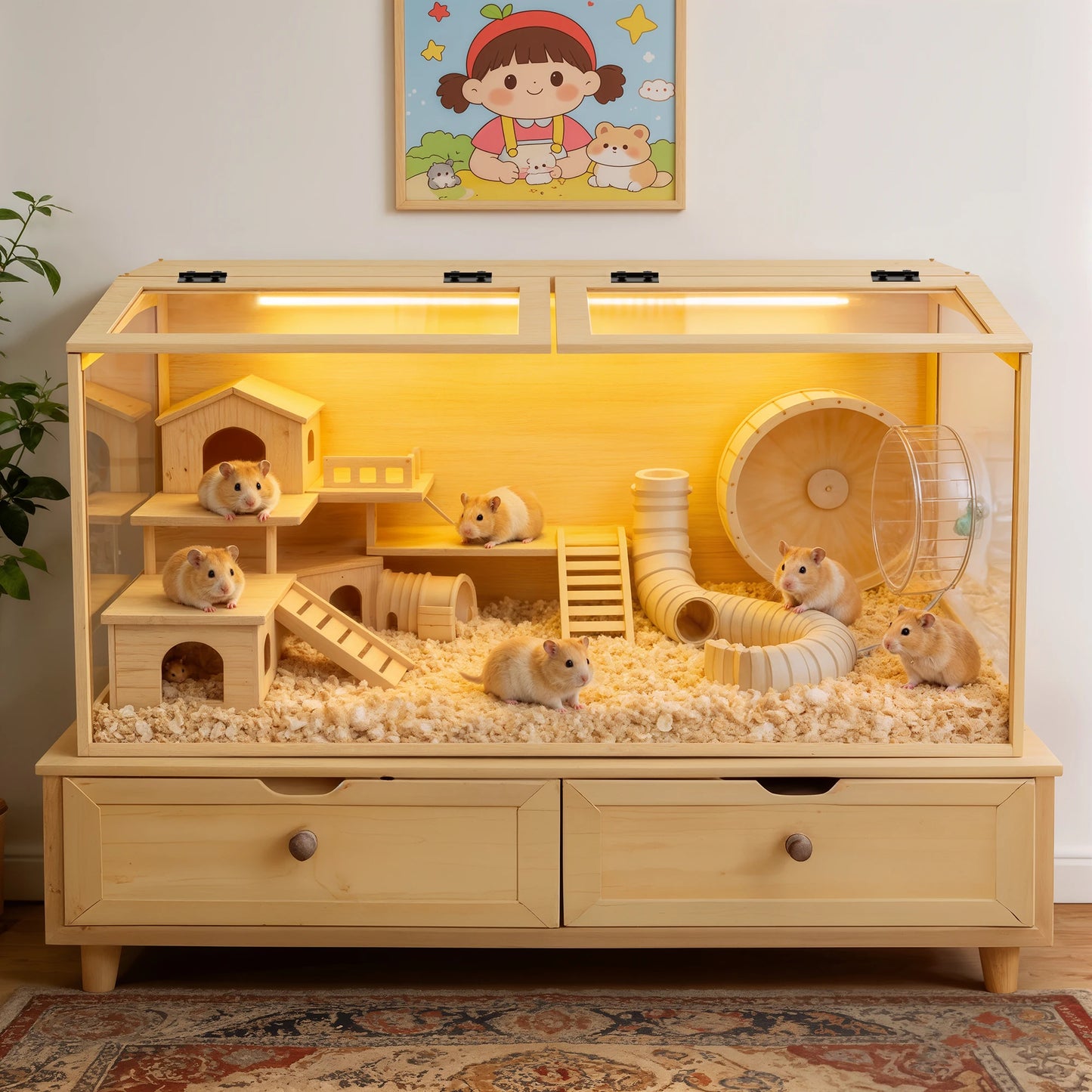 Solid Wooden Hamster Cage With Built In LED Lighting