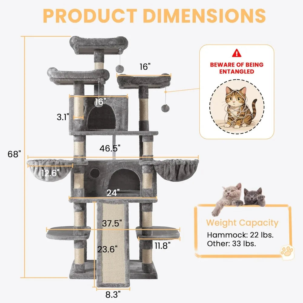Large Cat Tree For Big Cats, Multi-Level Tower With Condo And Scratching Posts