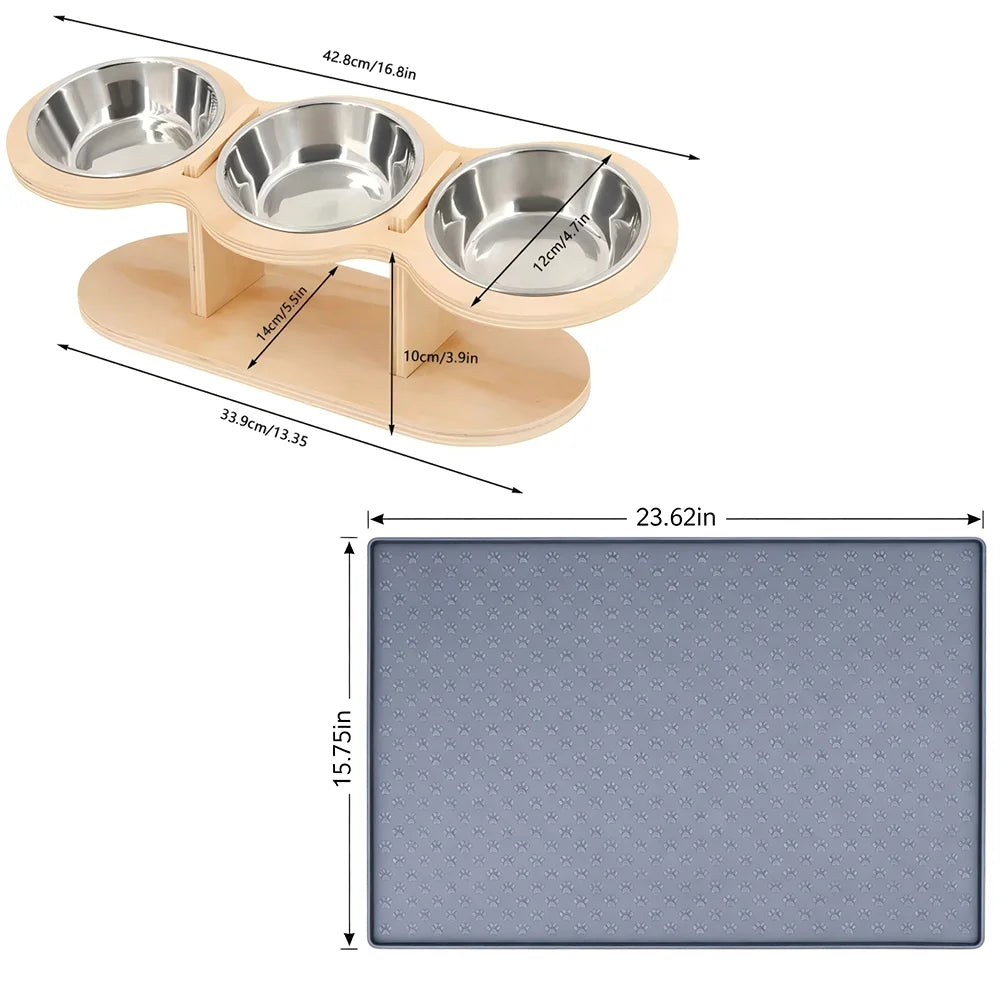 Cat 3-Bowl Raised Feeder With Tilted 15-Degree Stainless Steel Bowls