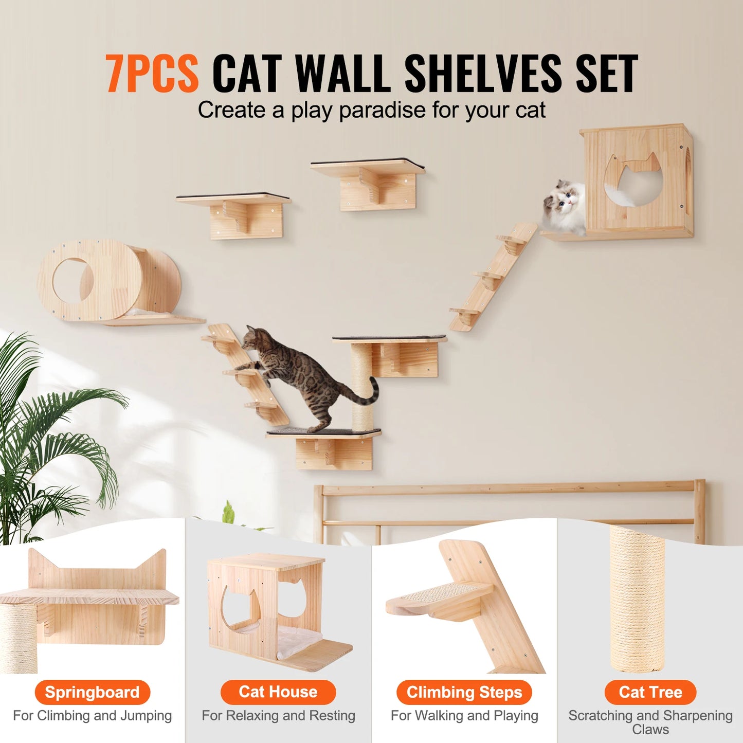 SucceBuy Wall Mounted Cat Shelves With Jumping Boards And Perches