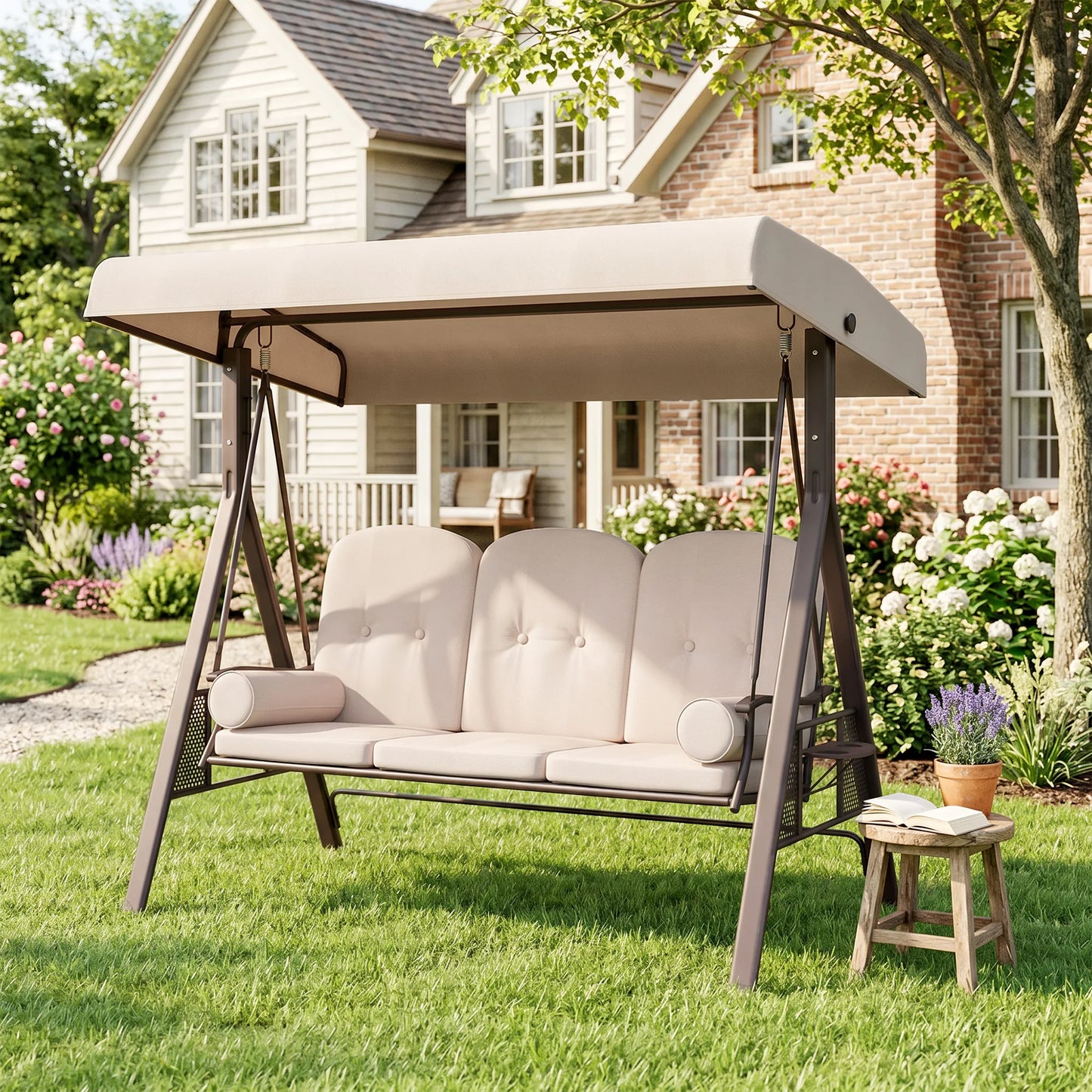 3 Person Outdoor Canopy Cushioned Patio Glider Swing Seat