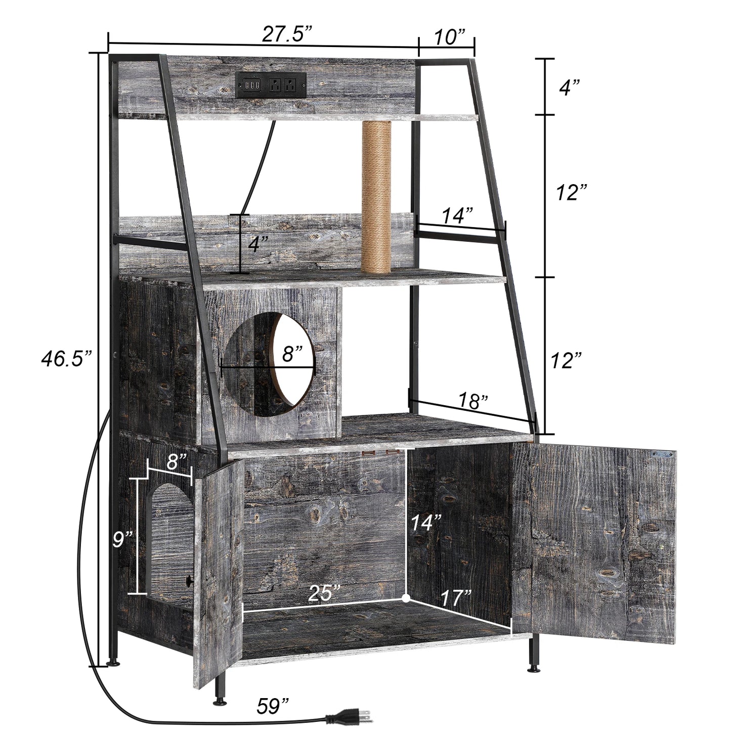 Cat Litter Box Enclosure With Shelves Charging Station Cat Tree