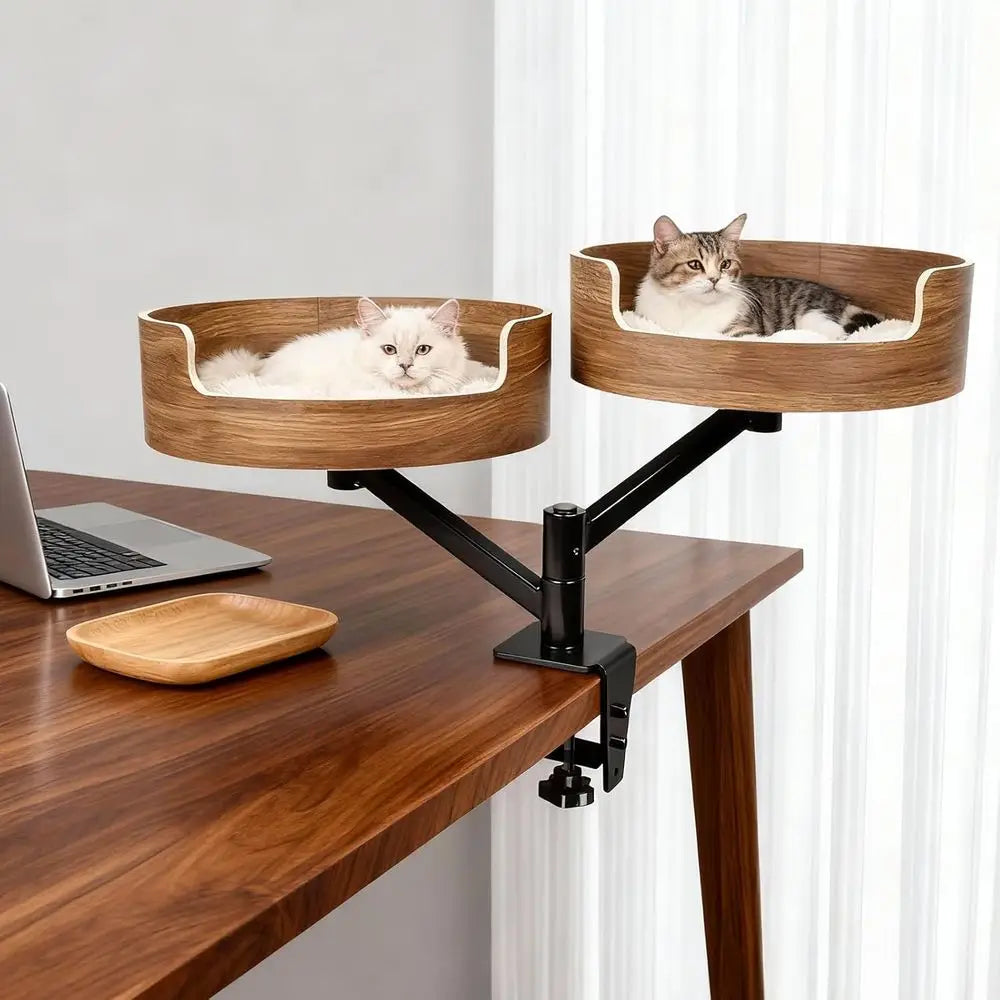 Double Cat Desk Bed With 360 Rotation Walnut Finish